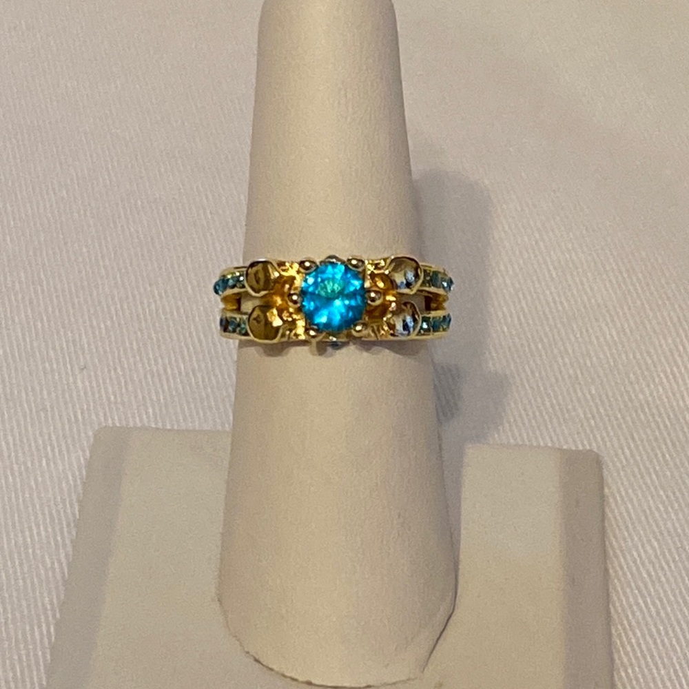 Gold Tone Blue Gem Ring, Size 7